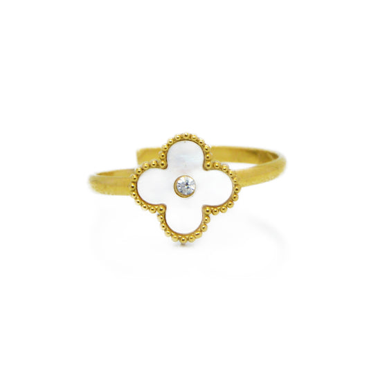 ANILLO TRÉBOL BLANCO CON CIRCONITA ORO