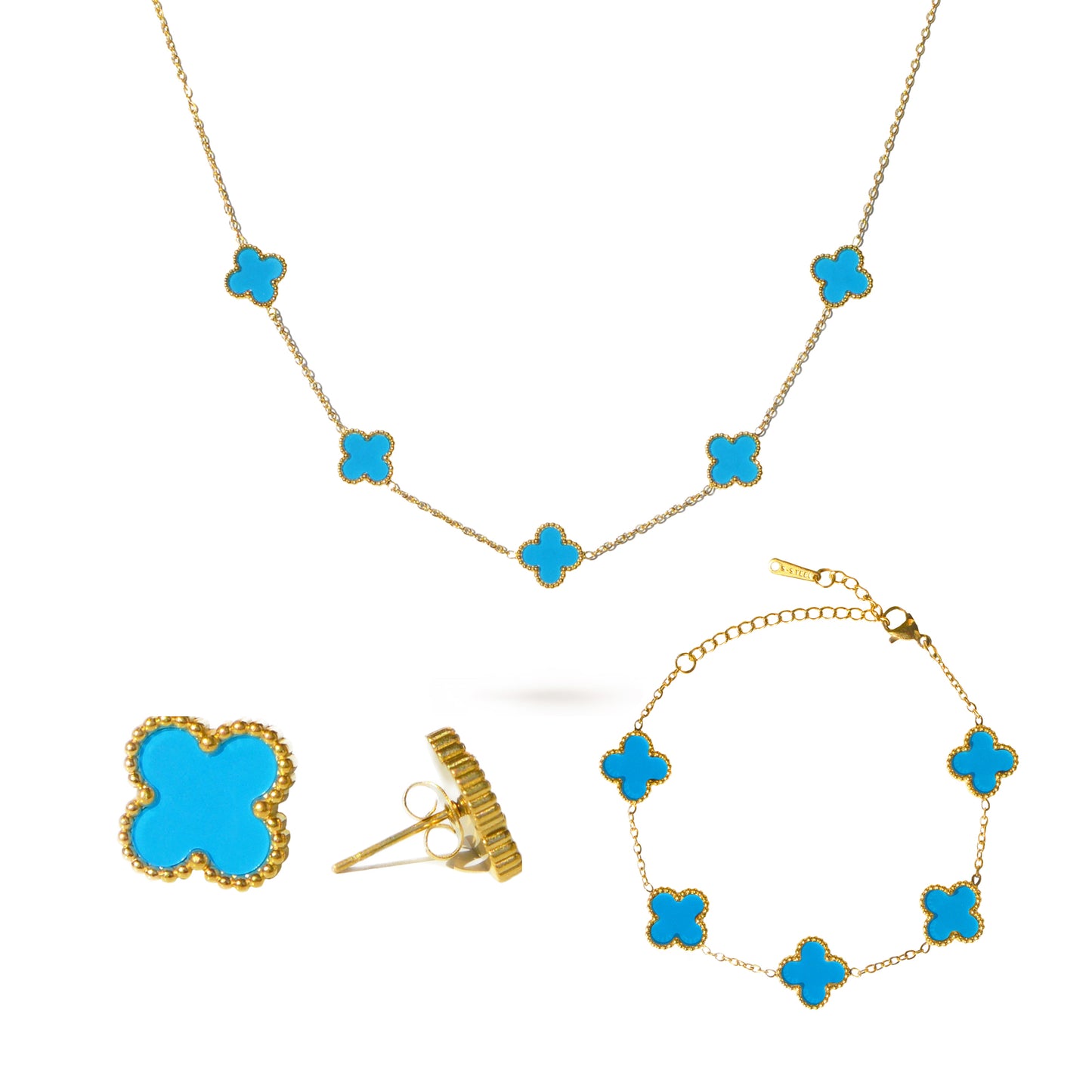 CONJUNTO DE TRÉBOLES AZULES ORO