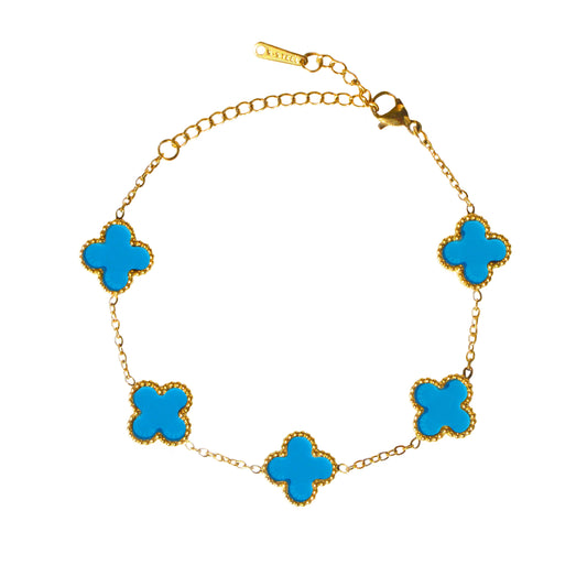 PULSERA 5 TRÉBOLES AZULES ORO