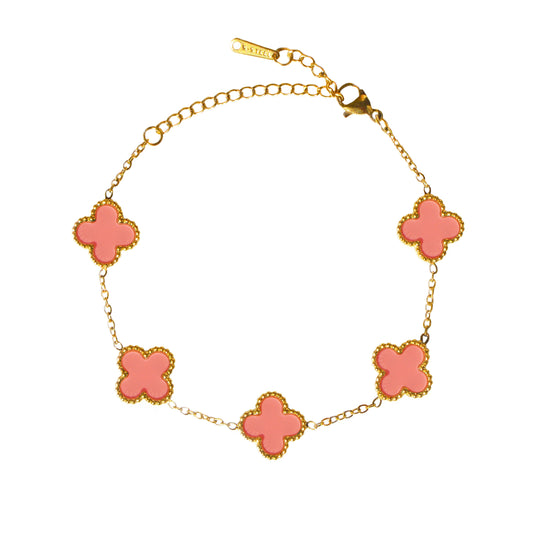 PULSERA 5 TRÉBOLES ROSAS ORO